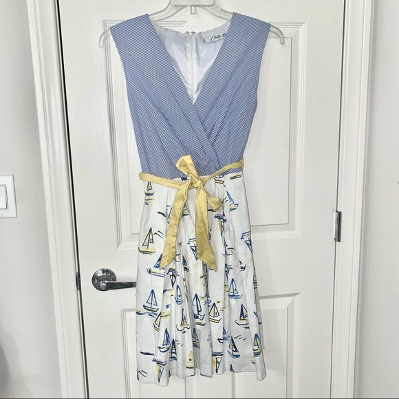 Chetta B Women's Blue Yellow Sleeveless Faux Wrap Dress Sz 10 Belt Pockets Boats - Picture 3 of 10